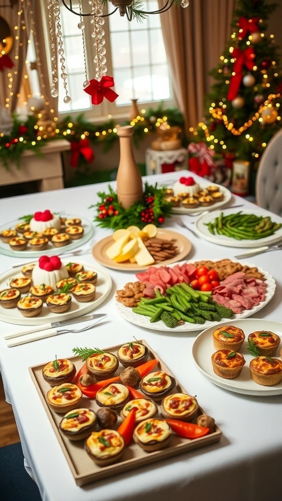 A beautifully arranged Christmas party table with make-ahead appetizers and festive decorations.